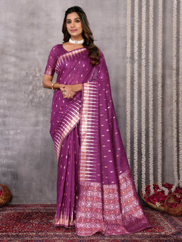 Janasya - Women's Purple Linen Blend Geometric Woven Design Saree with Unstitched Blouse