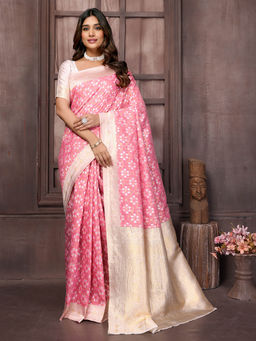 Janasya - Women's Pink Cotton Ethnic Motifs Woven Design Saree with Unstitched Blouse