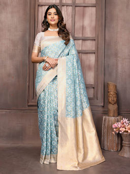 Janasya - Women's Light Blue Cotton Ethnic Motifs Woven Design Saree with Unstitched Blouse