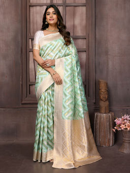 Janasya - Women's Light Green Cotton Geometric Woven Design Saree with Unstitched Blouse