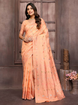 Janasya - Women's Peach Linen Blend Ethnic Print Woven Design Kanjivaram Saree with Unstitched Blouse