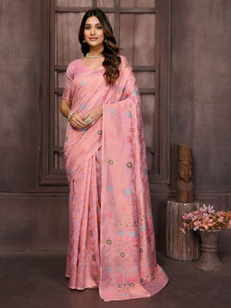 Janasya - Women's Pink Linen Blend Floral Woven Design Saree with Unstitched Blouse