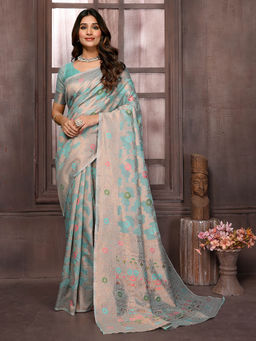 Janasya - Women's Light Blue Linen Blend Floral Woven Design Saree with Unstitched Blouse