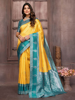 Janasya - Women's Yellow Silk Blend Checked Woven Design Jacquard Border Saree with Unstitched Blouse