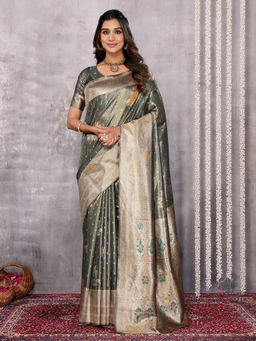 Janasya - Women's Olive Silk Blend Ethnic Motifs Woven Design Banarasi Saree with Unstitched Blouse