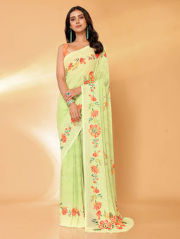 Janasya - Women's Light Green Georgette Floral Printed Saree with Unstitched Blouse
