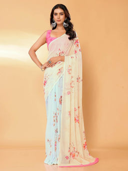Janasya - Women's Peach Georgette Floral Printed Saree with Unstitched Blouse