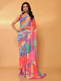 Janasya - Women's Multicolour Georgette Tropical Printed Saree with Unstitched Blouse