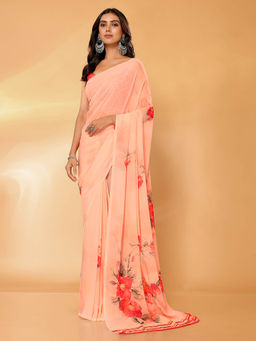 Janasya - Women's Peach Georgette Floral Printed Saree with Unstitched Blouse