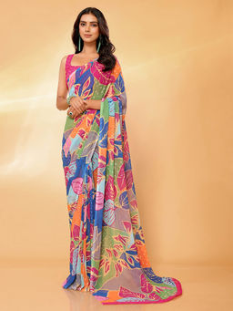 Janasya - Women's Multicolour Georgette Tropical Printed Saree with Unstitched Blouse
