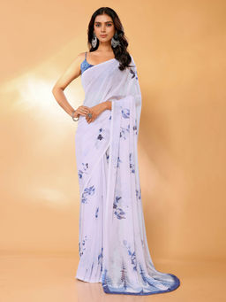 Janasya - Women's Lavender Georgette Floral Printed Saree with Unstitched Blouse