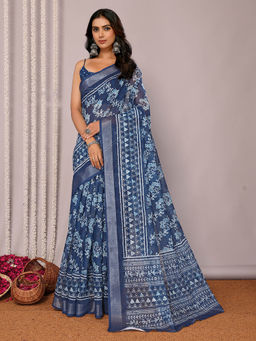 Janasya - Women's Navy Blue Linen Blend Floral Printed Saree with Unstitched Blouse