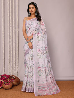 Janasya - Women's Lavender Linen Blend Floral Printed Saree with Unstitched Blouse