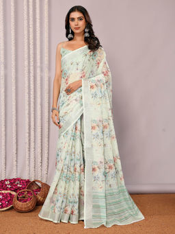 Janasya - Women's Light Green Linen Blend Floral Printed Saree with Unstitched Blouse