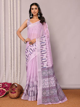 Janasya - Women's Lavender Linen Blend Geometric Printed Saree with Unstitched Blouse