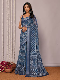 Janasya - Women's Navy Blue Linen Blend Block Print Printed Saree with Unstitched Blouse