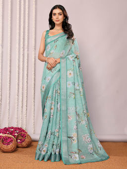 Janasya - Women's Sage Green Linen Blend Floral Printed Saree with Unstitched Blouse