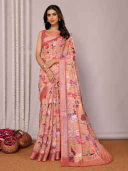 Janasya - Women's Peach Linen Blend Floral Printed Saree with Unstitched Blouse