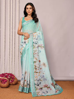 Janasya - Women's Sea Green Linen Blend Floral Printed Saree with Unstitched Blouse
