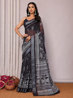 Janasya - Women's Black Linen Blend Floral Printed Saree with Unstitched Blouse