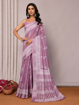 Janasya - Women's Mauve Linen Blend Block Print Printed Saree with Unstitched Blouse