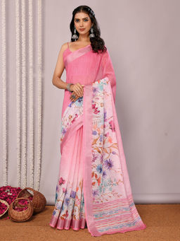 Janasya - Women's Pink Linen Blend Floral Printed Saree with Unstitched Blouse