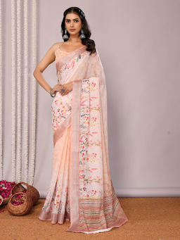 Janasya - Women's Peach Linen Blend Floral Printed Saree with Unstitched Blouse