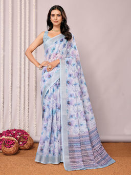 Janasya - Women's Light Blue Linen Blend Floral Printed Saree with Unstitched Blouse