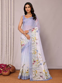 Janasya - Women's Lavender Linen Blend Floral Printed Saree with Unstitched Blouse