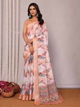 Janasya - Women's Peach Linen Blend Abstract Printed Saree with Unstitched Blouse