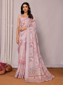Janasya - Women's Mauve Linen Blend Floral Printed Saree with Unstitched Blouse