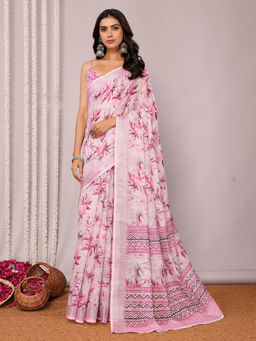 Janasya - Women's Pink Linen Blend Floral Printed Saree with Unstitched Blouse