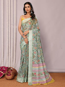 Janasya - Women's Sage Green Linen Blend Floral Printed Saree with Unstitched Blouse