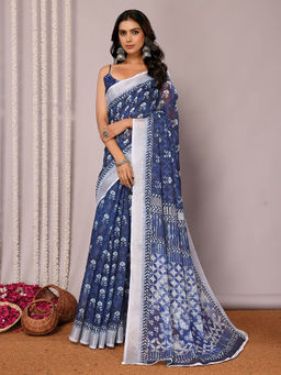 Janasya - Women's Navy Blue Linen Blend Block Print Printed Saree with Unstitched Blouse