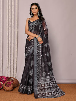 Janasya - Women's Black Linen Blend Floral Printed Saree with Unstitched Blouse