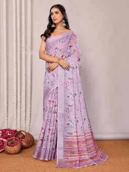 Janasya - Women's Lavender Linen Blend Floral Printed Saree with Unstitched Blouse