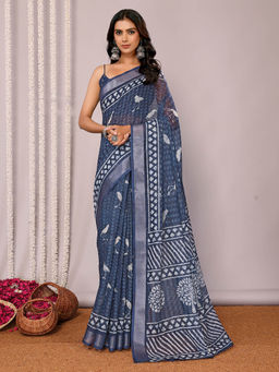 Janasya - Women's Navy Blue Linen Blend Printed Saree with Unstitched Blouse