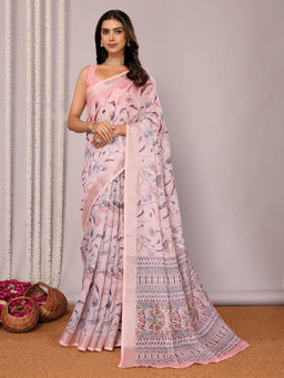 Janasya - Women's Light Pink Linen Blend Floral Printed Saree with Unstitched Blouse