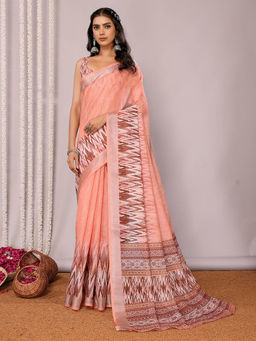 Janasya - Women's Peach Linen Blend Ikat Printed Saree with Unstitched Blouse