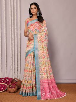 Janasya - Women's Multicolour Linen Blend Floral Printed Saree with Unstitched Blouse