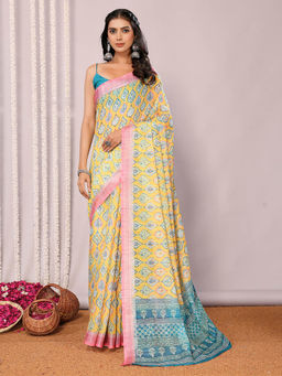 Janasya - Women's Yellow Linen Blend Ethnic Motifs Printed Saree with Unstitched Blouse