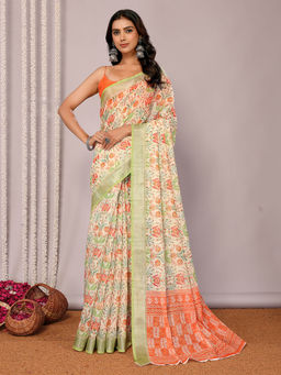 Janasya - Women's Light Green Linen Blend Floral Printed Saree with Unstitched Blouse