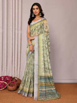 Janasya - Women's Sage Green Linen Blend Abstract Printed Saree with Unstitched Blouse