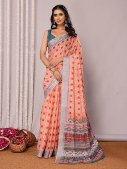 Janasya - Women's Orange Linen Blend Block Print Printed Saree with Unstitched Blouse