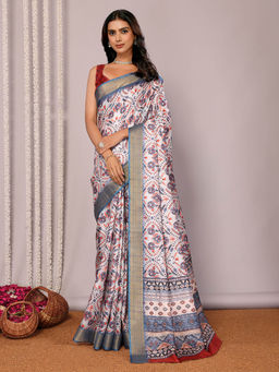 Janasya - Women's Multi-Color Chanderi Silk Ethnic Print Printed Saree with Unstitched Blouse