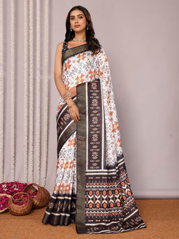 Janasya - Women's White and Black Chanderi Silk Ikat Printed Saree with Unstitched Blouse