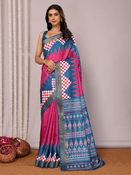 Janasya - Women's Pink and Blue Chanderi Silk Geometric Printed Saree with Unstitched Blouse