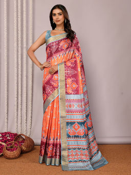Janasya - Women's Orange Chanderi Silk Ikat Printed Saree with Unstitched Blouse