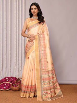 Janasya - Women's Beige Chanderi Silk Floral Printed Saree with Unstitched Blouse