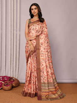 Janasya - Women's Peach Chanderi Silk Floral Printed Saree with Unstitched Blouse